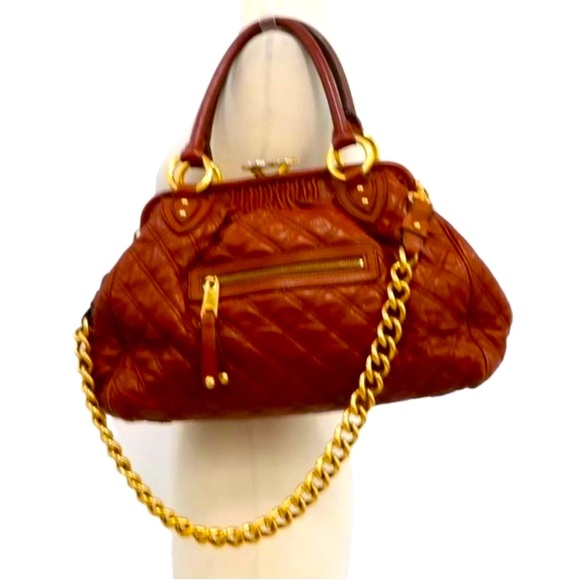 Marc Jacobs Stam Purse Satchel Frame Quilted Leather Gold Chain Kiss Lock(Rare) - Picture 14 of 15